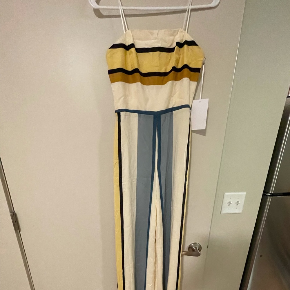 Amanda Uprichard Striped Cream, Yellow & Blue Jumpsuit